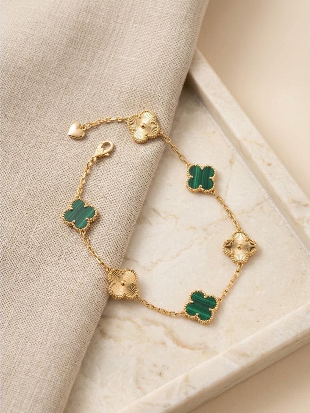 14K Gold-Filled Bracelet with Green Clover Accents. 6-8 Inches Adjustable